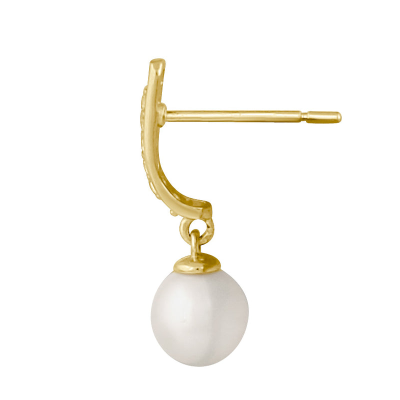 Solid 14K Gold Dagnling Pearl and CZ Earrings