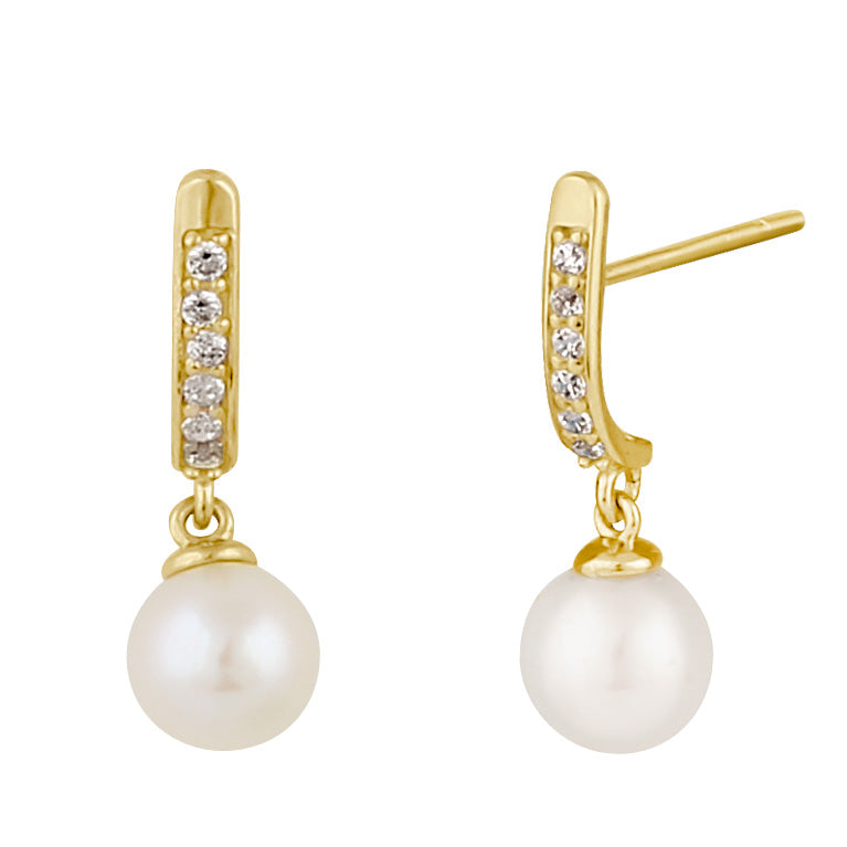Solid 14K Gold Dagnling Pearl and CZ Earrings