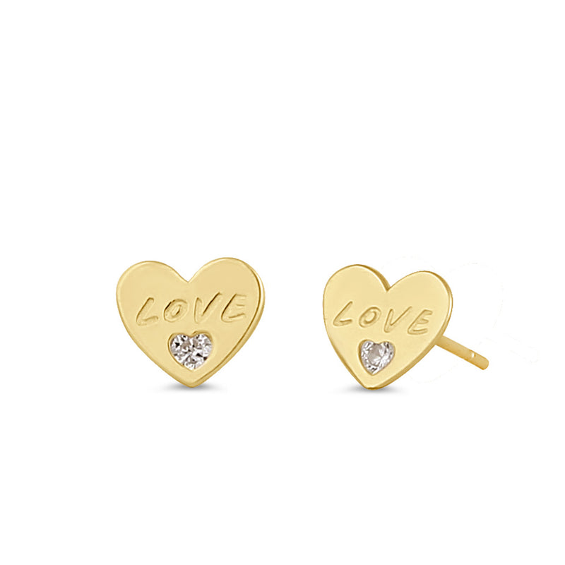 Solid 14K Gold Love Heart CZ Earrings