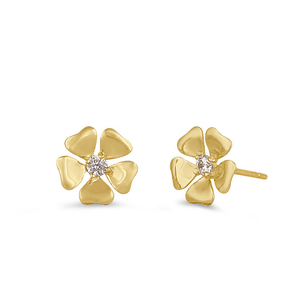 Solid 14K Gold Plumeria Flower CZ Earrings