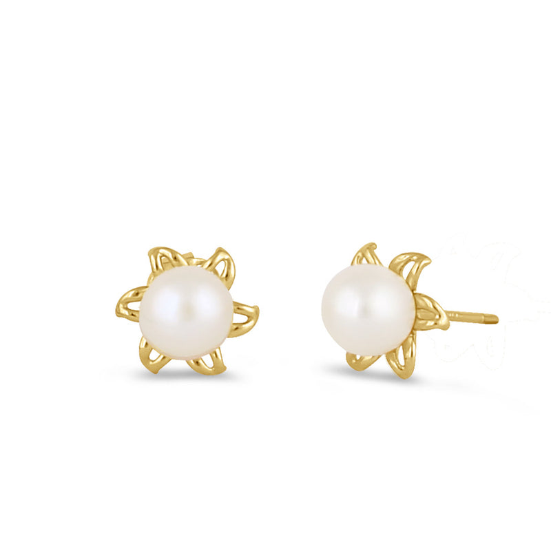 Solid 14K Gold Flower Pearl Earrings