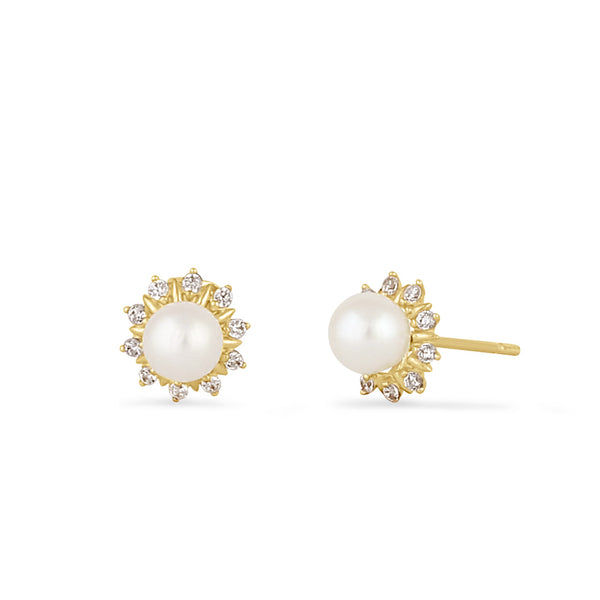 Solid 14K Gold Sun Flower Pearl and CZ Earrings