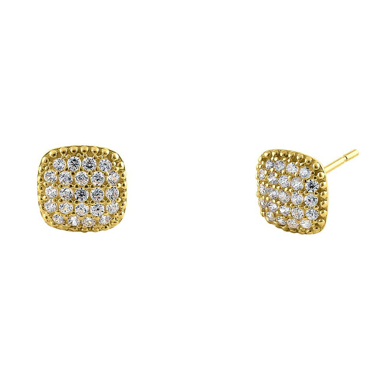 Solid 14K Yellow Gold Squared Pave Round CZ Earrings