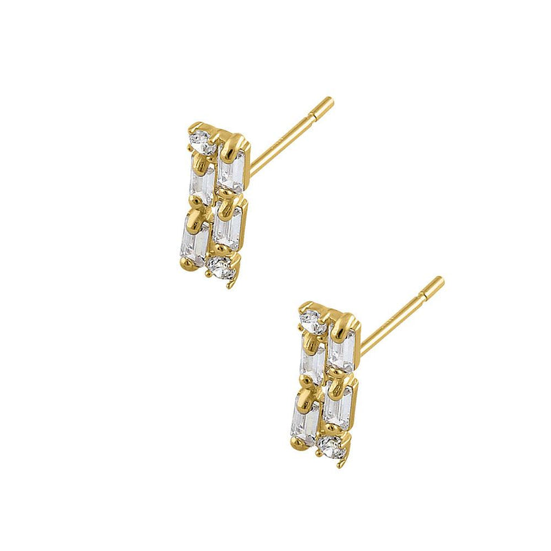 Solid 14K Yellow Gold Rectangular Round & Emerald Cut CZ Earrings