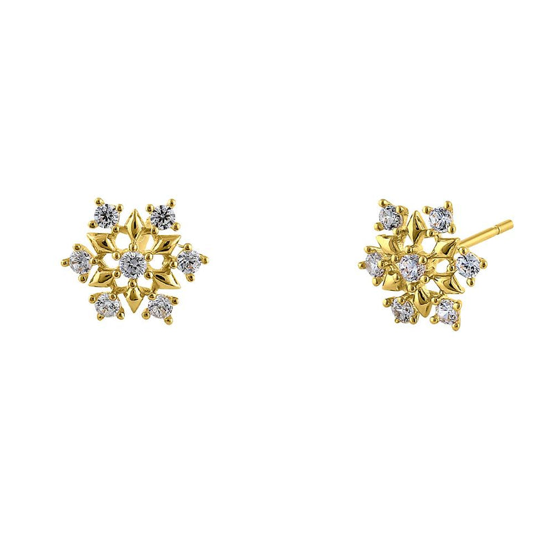 Solid 14K Yellow Gold Snowflake CZ Earrings