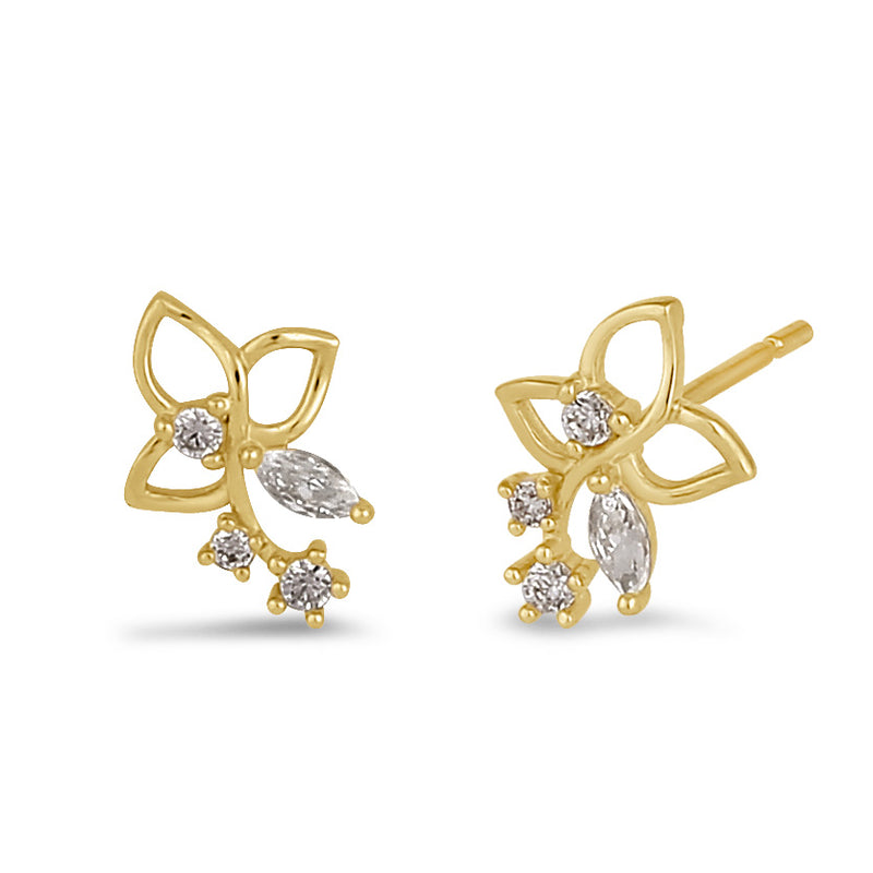 Solid 14K Gold Trillium with Clear CZ Earrings