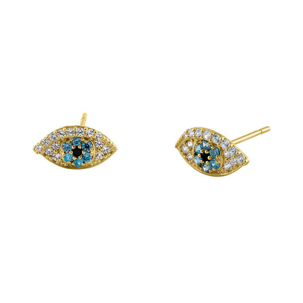 Solid 14K Yellow Gold Evil Eye Blue Topaz & Black CZ Earrings