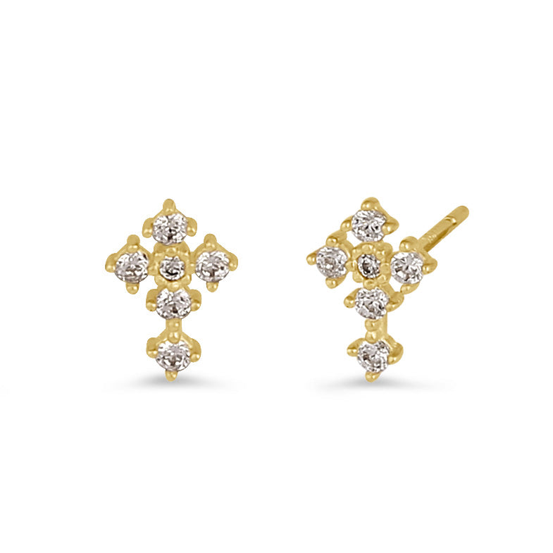 Solid 14K Gold Cross with Clear CZ Earrings