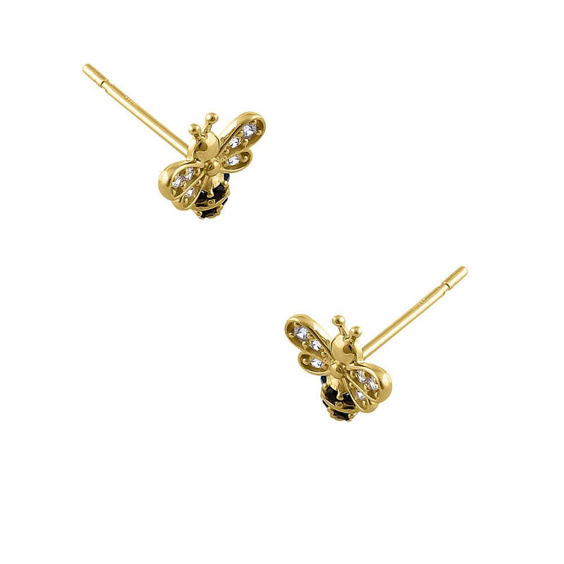Solid 14K Yellow Gold Honey Bee Black CZ Earrings