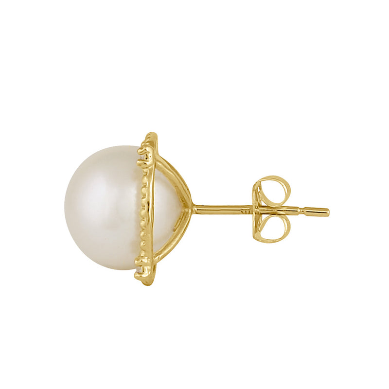 Solid 14K Gold Large Beaded Pearl with Clear CZ Earrings