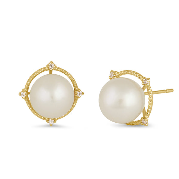 Solid 14K Gold Large Beaded Pearl with Clear CZ Earrings