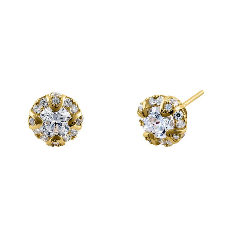 Solid 14K Yellow Gold Halo Round CZ Stud Earrings