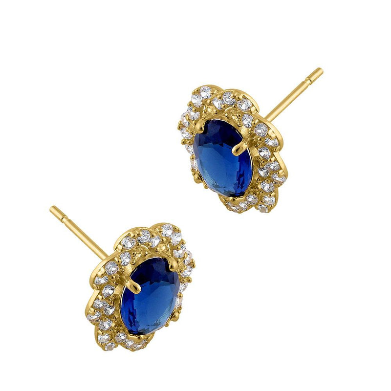 1.96 ct Solid 14K Yellow Gold Blue Sapphire Floral Oval Cut CZ Earrings
