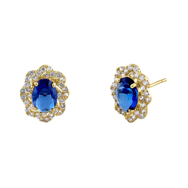 1.96 ct Solid 14K Yellow Gold Blue Sapphire Floral Oval Cut CZ Earrings