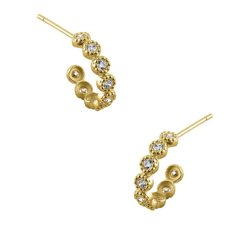 Solid 14K Yellow Gold Half Loop CZ Stud Earrings