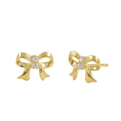 Solid 14K Yellow Gold Dainty Bow CZ Earrings