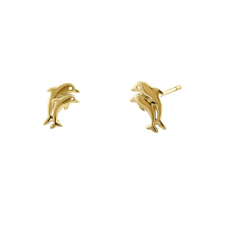 Solid 14K Yellow Gold Twin Dolphin Earrings