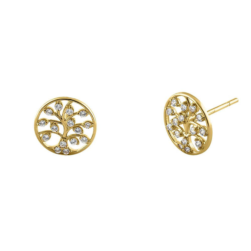 Solid 14K Yellow Gold Shiny Tree of Life CZ Earrings