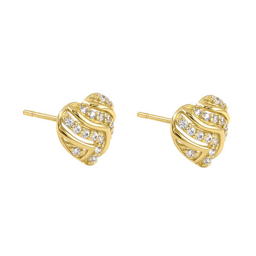 Solid 14K Yellow Gold Elegant Modern Heart CZ Earrings