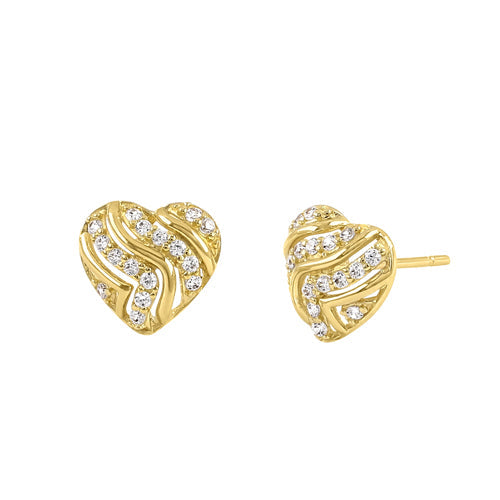 Solid 14K Yellow Gold Elegant Modern Heart CZ Earrings