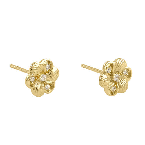 Solid 14K Yellow Gold Dainty Plumeria Flower CZ Earrings