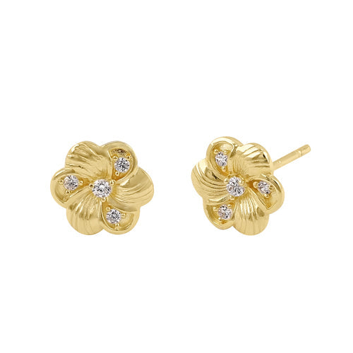 Solid 14K Yellow Gold Dainty Plumeria Flower CZ Earrings