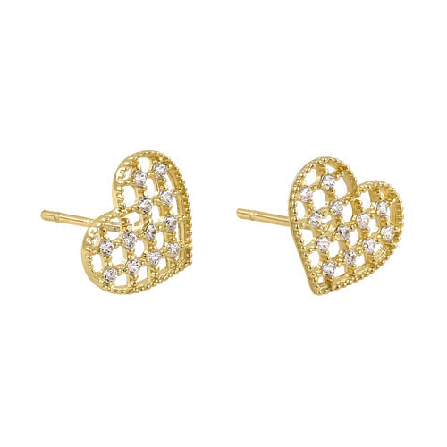 Solid 14K Yellow Gold Trendy Woven Heart CZ Earrings
