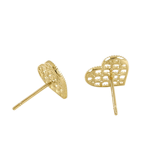 Solid 14K Yellow Gold Trendy Woven Heart CZ Earrings