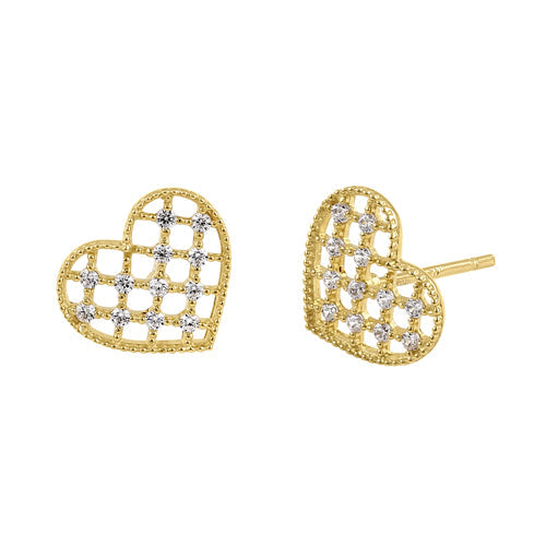 Solid 14K Yellow Gold Trendy Woven Heart CZ Earrings