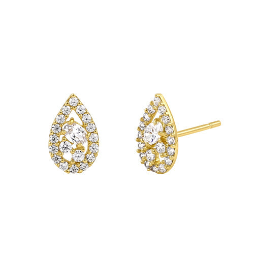 Solid 14K Yellow Gold Elegant Drop Cluster CZ Earrings