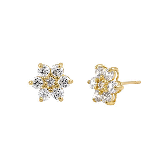 Solid 14K Yellow Gold Six Petal Flower CZ Earrings