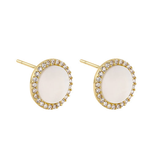 Solid 14K Yellow Gold Round Mother of Pearl and CZ Earrings