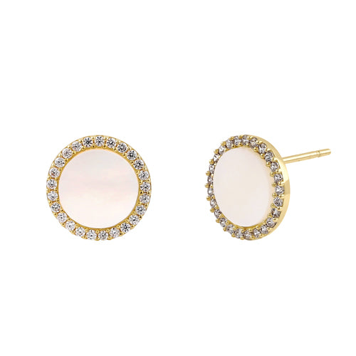 Solid 14K Yellow Gold Round Mother of Pearl and CZ Earrings