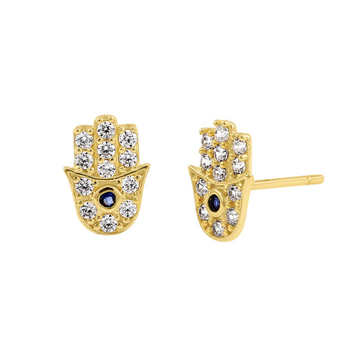 Solid 14K Yellow Gold Hamsa Blue Stone Center CZ Earrings