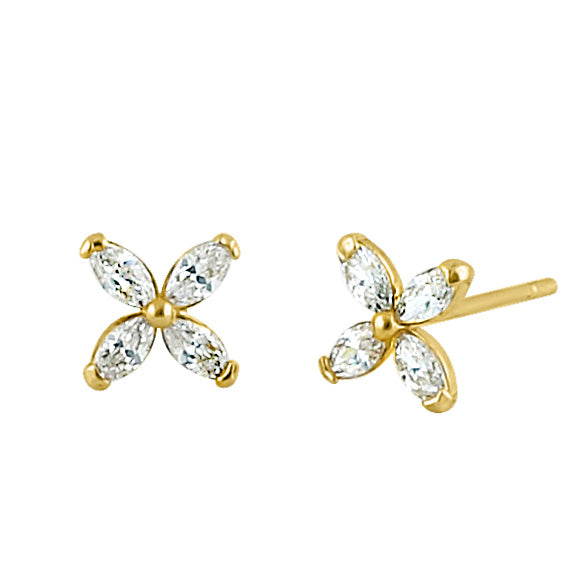 Solid 14K Yellow Gold Flower Marquise CZ Stud Earrings