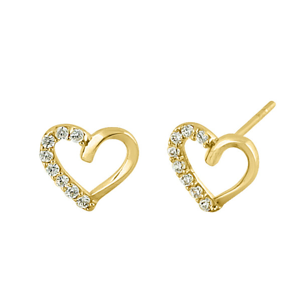 Solid 14K Yellow Gold Half CZ Heart Stud Earrrings