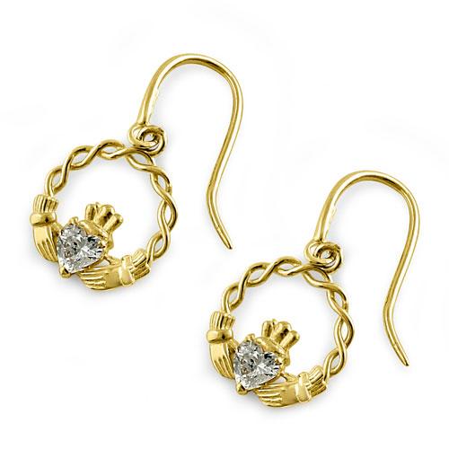 Solid 14K Yellow Gold Claddagh CZ Hook Earrings