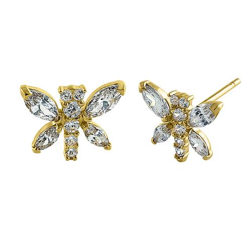 Solid 14K Yellow Gold Dragonfly CZ Earrings