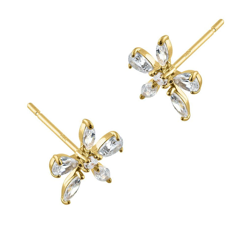 Solid 14K Yellow Gold Flower Marquise CZ Earrings