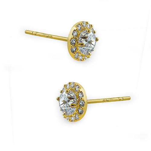 .5 ct Solid 14K Yellow Gold Round Halo CZ Earrings