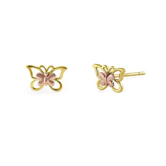 Solid 14K Yellow Gold & Rose Gold Double Butterfly Earrings