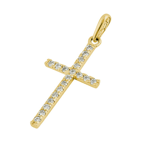 Solid 14K Yellow Gold Cross Clear CZ Pendant