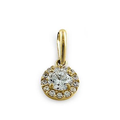Solid 14K Yellow Gold Round Halo CZ Pendant