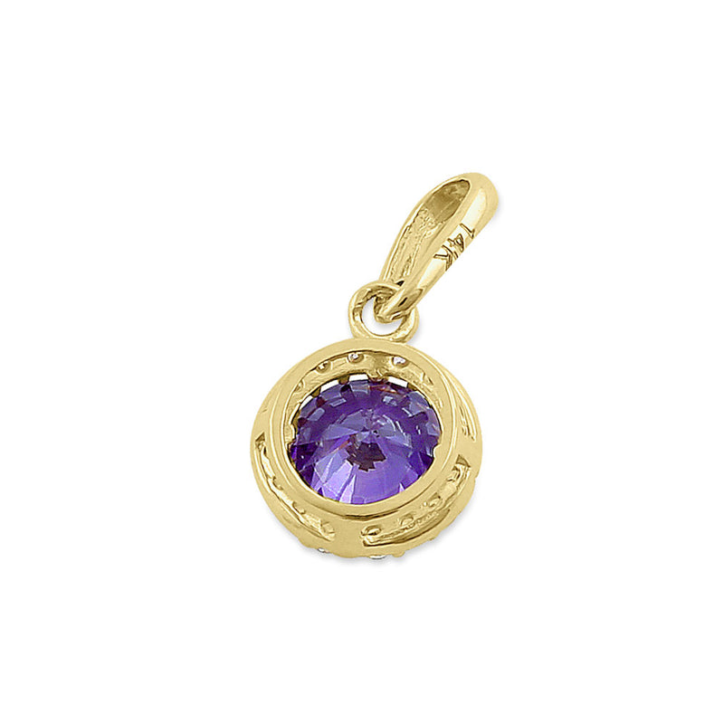 Solid 14K Yellow Gold Halo Round Amethyst CZ Pendant