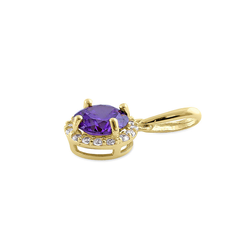 Solid 14K Yellow Gold Halo Round Amethyst CZ Pendant