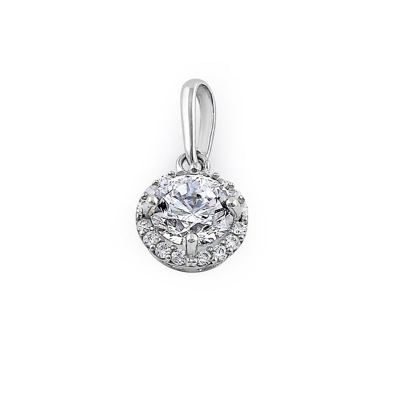 Solid 14K White Gold Round Halo Clear CZ Pendant