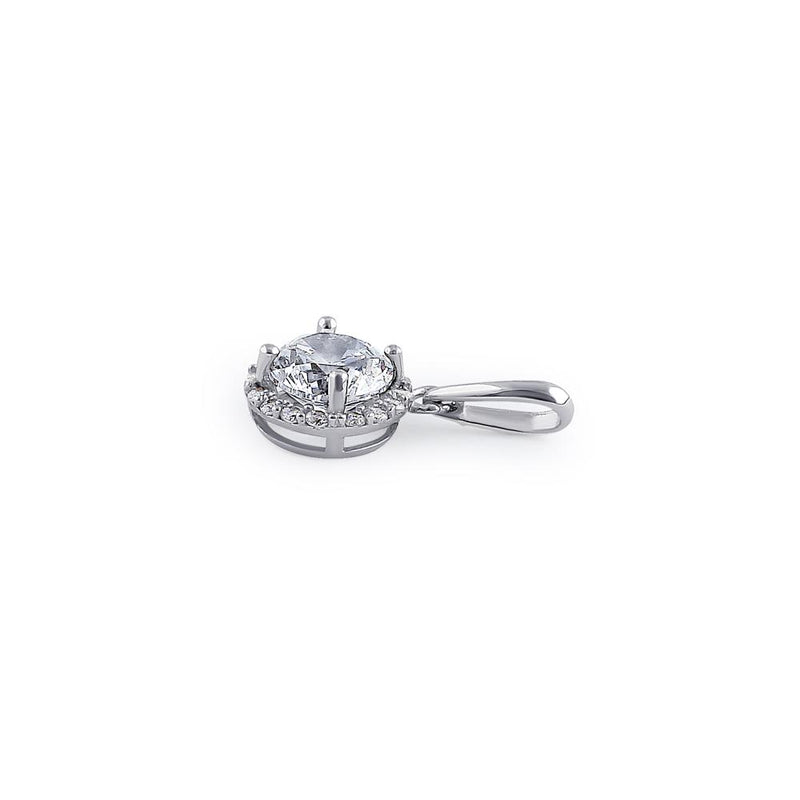 Solid 14K White Gold Round Halo Clear CZ Pendant