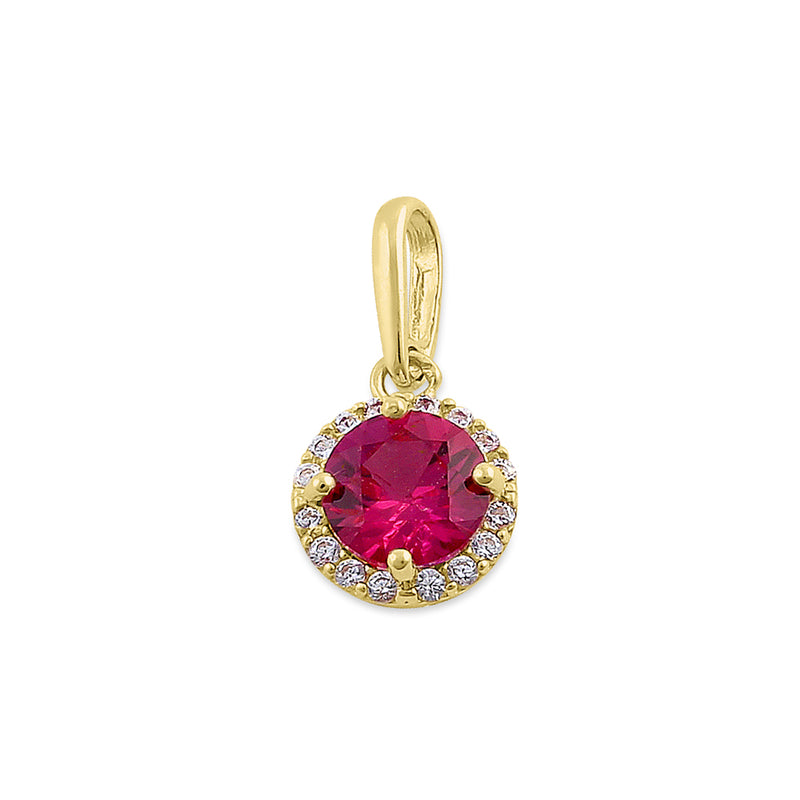 Solid 14K Yellow Gold Halo Round Ruby CZ Pendant