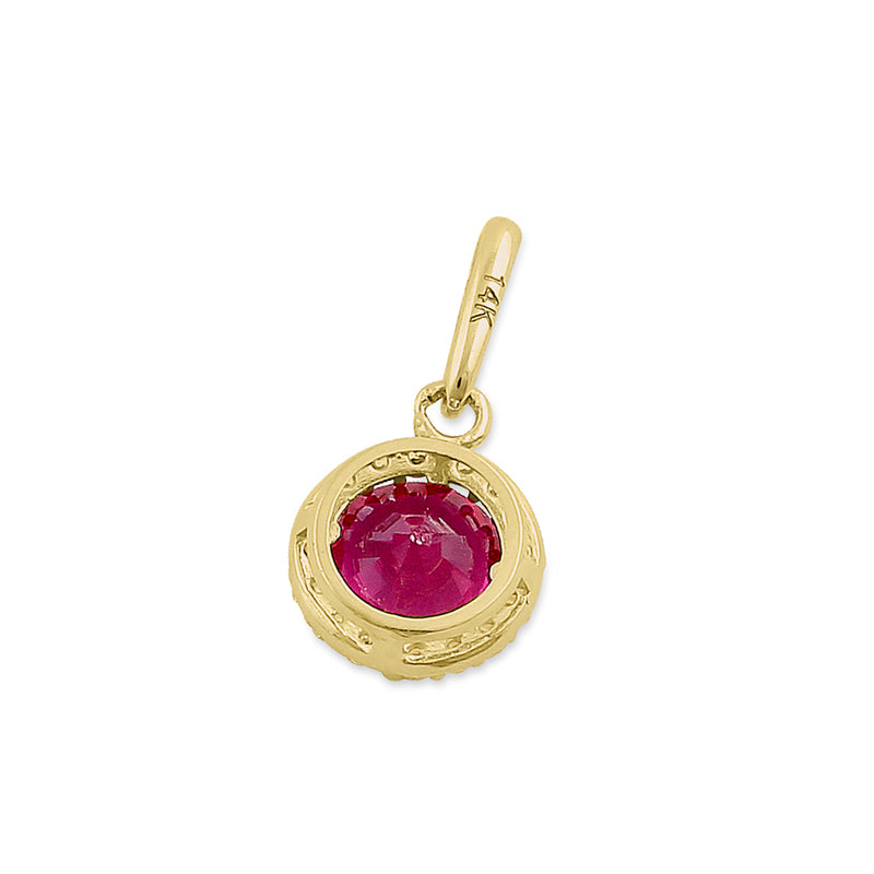 Solid 14K Yellow Gold Halo Round Ruby CZ Pendant