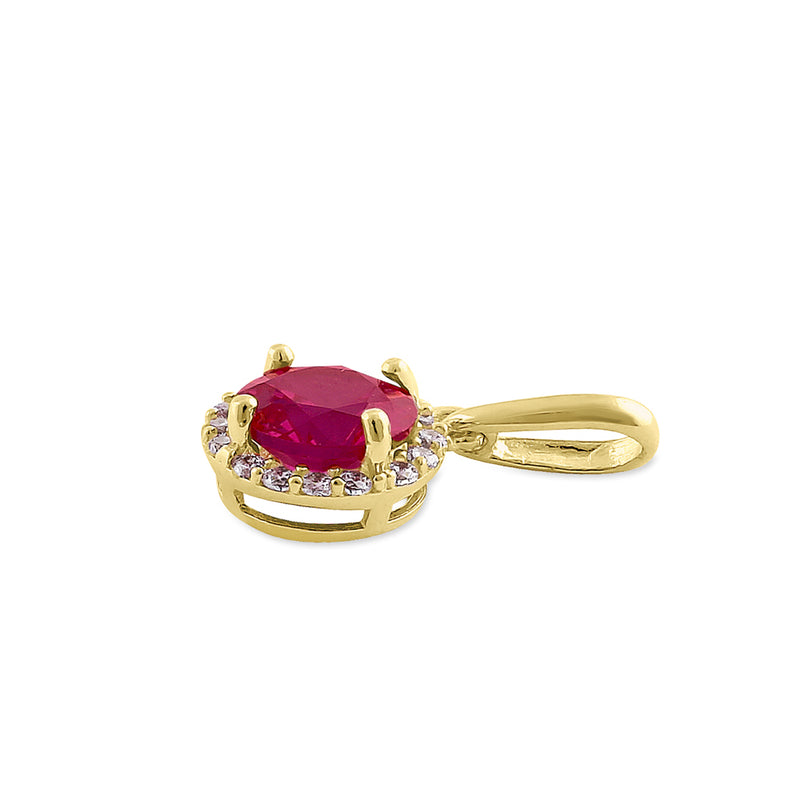 Solid 14K Yellow Gold Halo Round Ruby CZ Pendant